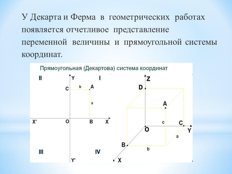 У Декарта и Ферма в геометрических работах появляется отчетливое представление переменной величины и прямоугольной системы координат