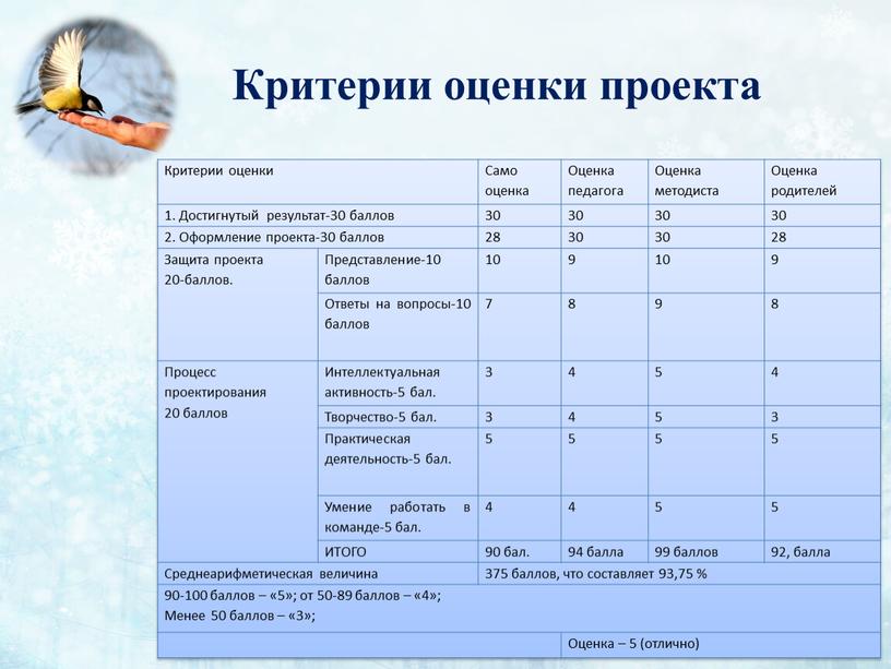 Критерии оценки проекта Критерии оценки