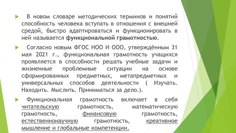 В новом словаре методических терминов и понятий способность человека вступать в отношения с внешней средой, быстро адаптироваться и функционировать в ней называется функциональной грамотностью