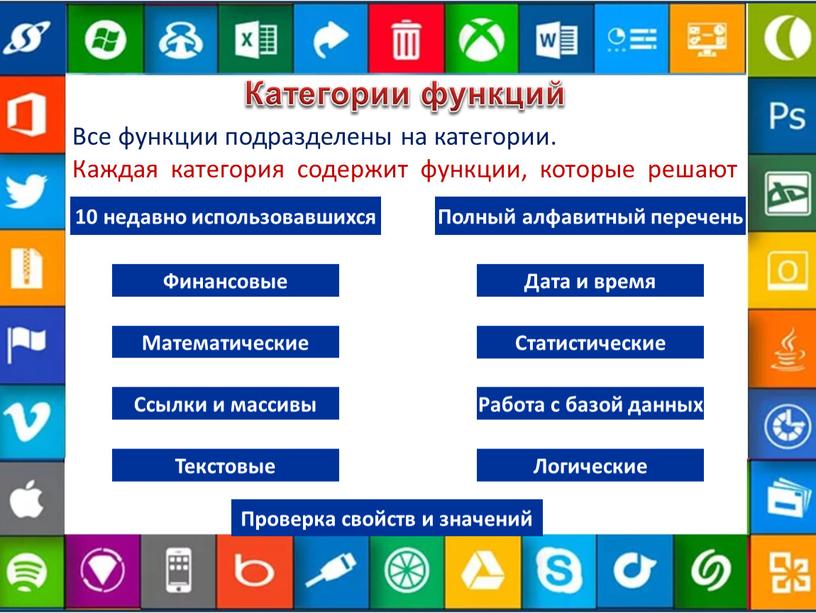 Категории функций Все функции подразделены на категории