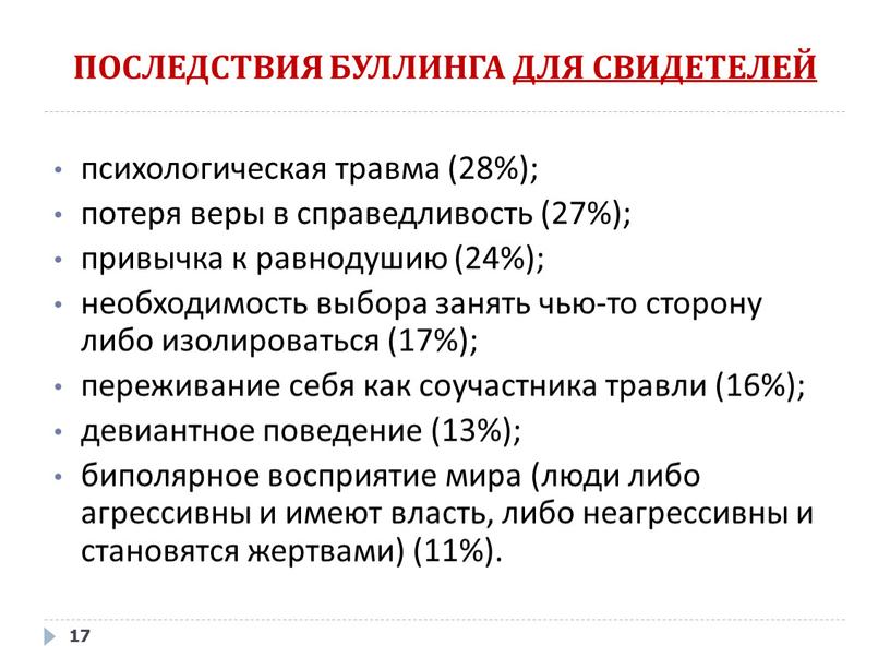 ПОСЛЕДСТВИЯ БУЛЛИНГА ДЛЯ СВИДЕТЕЛЕЙ 17 психологическая травма (28%); потеря веры в справедливость (27%); привычка к равнодушию (24%); необходимость выбора занять чью-то сторону либо изолироваться (17%);…