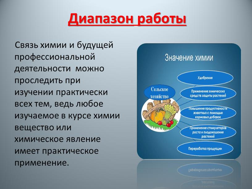 Диапазон работы Связь химии и будущей профессиональной деятельности можно проследить при изучении практически всех тем, ведь любое изучаемое в курсе химии вещество или химическое явление…