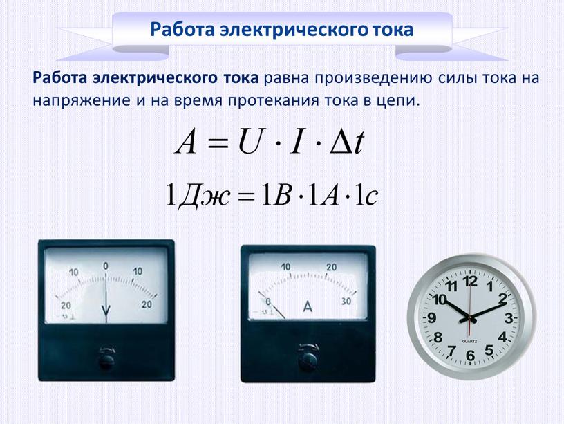 Работа электрического тока Работа электрического тока равна произведению силы тока на напряжение и на время протекания тока в цепи