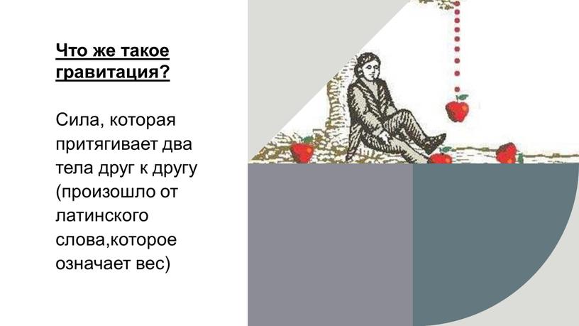 Что же такое гравитация? Сила, которая притягивает два тела друг к другу (произошло от латинского слова,которое означает вес)