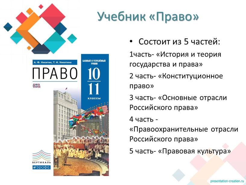 Учебник «Право» Состоит из 5 частей: 1часть- «История и теория государства и права» 2 часть- «Конституционное право» 3 часть- «Основные отрасли