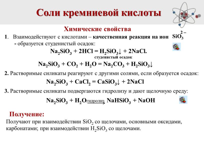 Соли кремниевой кислоты Химические свойства