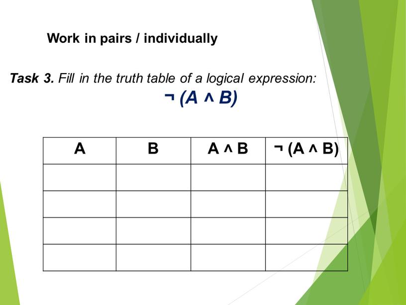 Task 3. Fill in the truth table of a logical expression: ¬ (А ˄