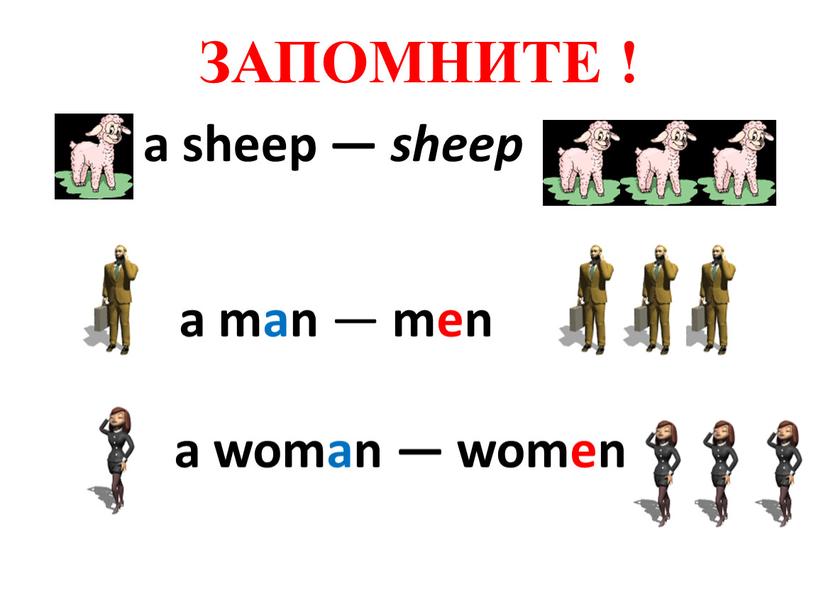 ЗАПОМНИТЕ ! a sheep — sheep a man — men a woman — women