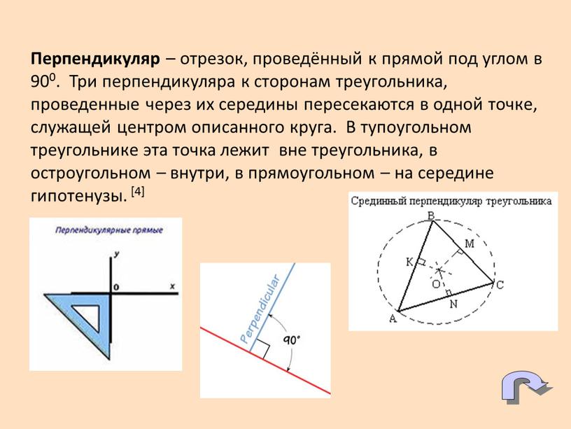 Перпендикуляр – отрезок, проведённый к прямой под углом в 900