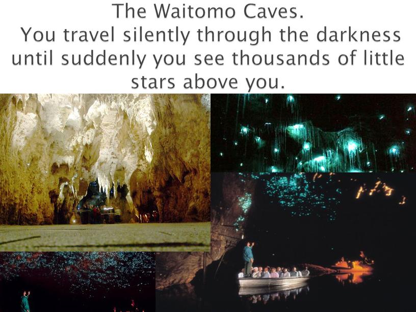 The Waitomo Caves. You travel silently through the darkness until suddenly you see thousands of little stars above you