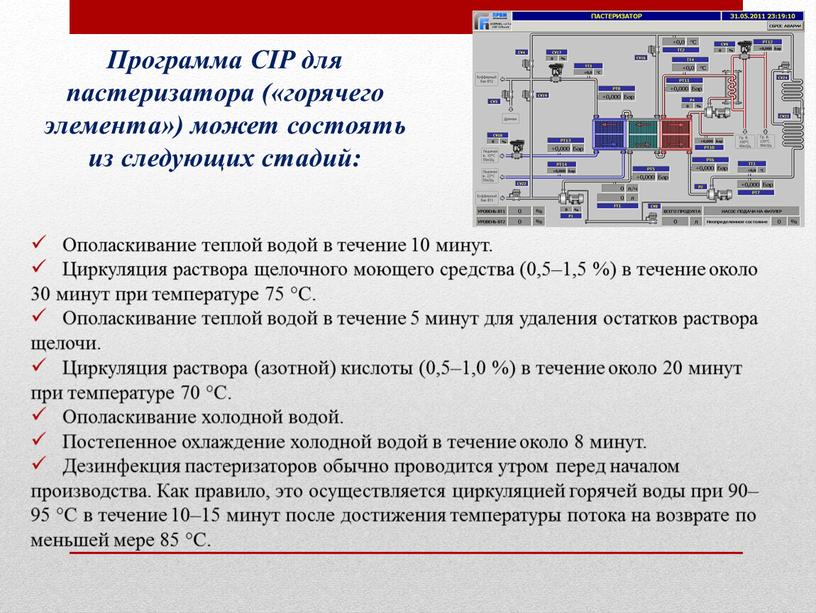 Программа CIP для пастеризатора («горячего элемента») может состоять из следующих стадий: