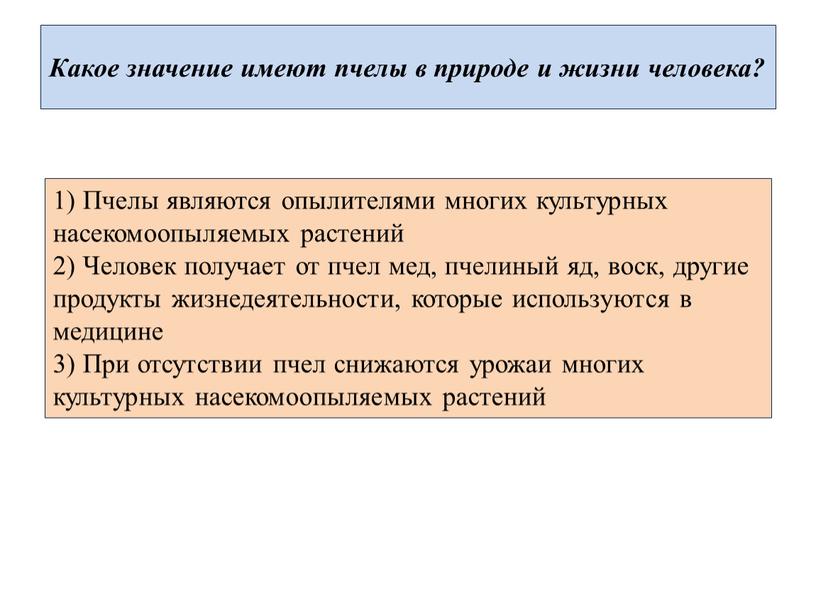 Какое значение имеют пчелы в природе и жизни человека? 1)