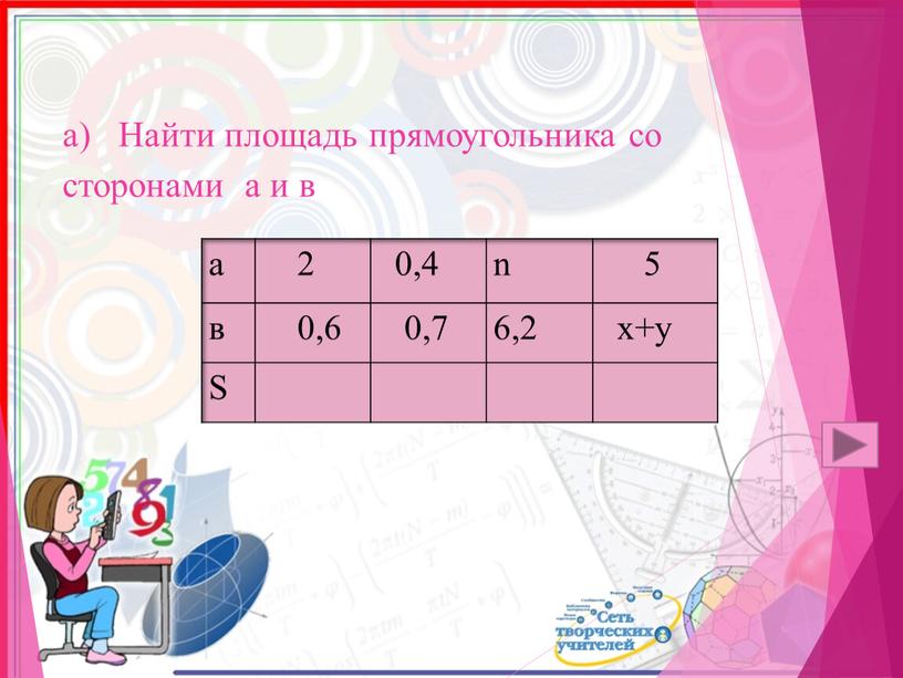 Найти площадь прямоугольника со сторонами а и в а 2 0,4 n 5 в 0,6 0,7 6,2 х+у