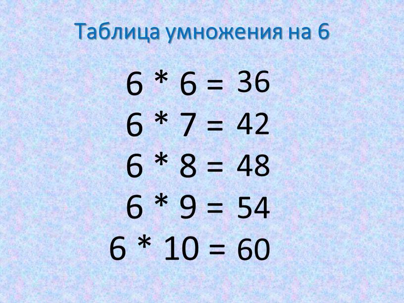 Таблица умножения на 6 6 * 6 = 6 * 7 = 6 * 8 = 6 * 9 = 6 * 10 = 36…