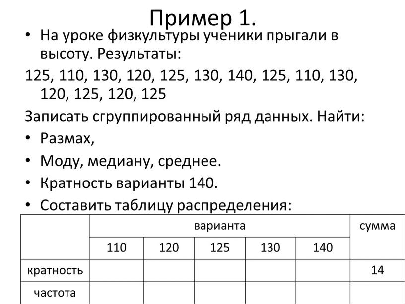 Пример 1. На уроке физкультуры ученики прыгали в высоту