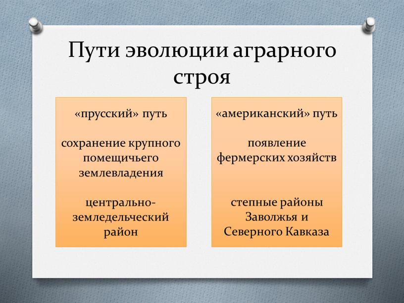 Пути эволюции аграрного строя «прусский» путь сохранение крупного помещичьего землевладения центрально-земледельческий район «американский» путь появление фермерских хозяйств степные районы