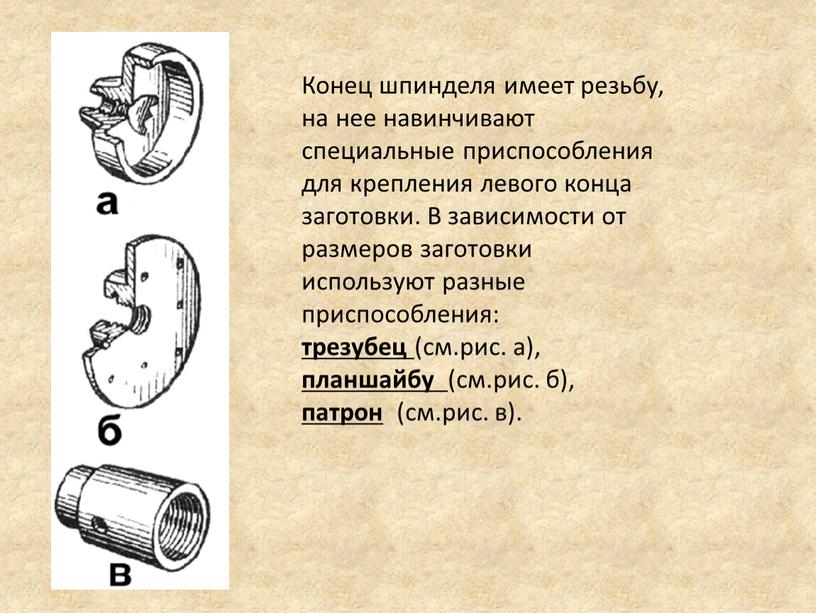 Конец шпинделя имеет резьбу, на нее навинчивают специальные приспособления для крепления левого конца заготовки