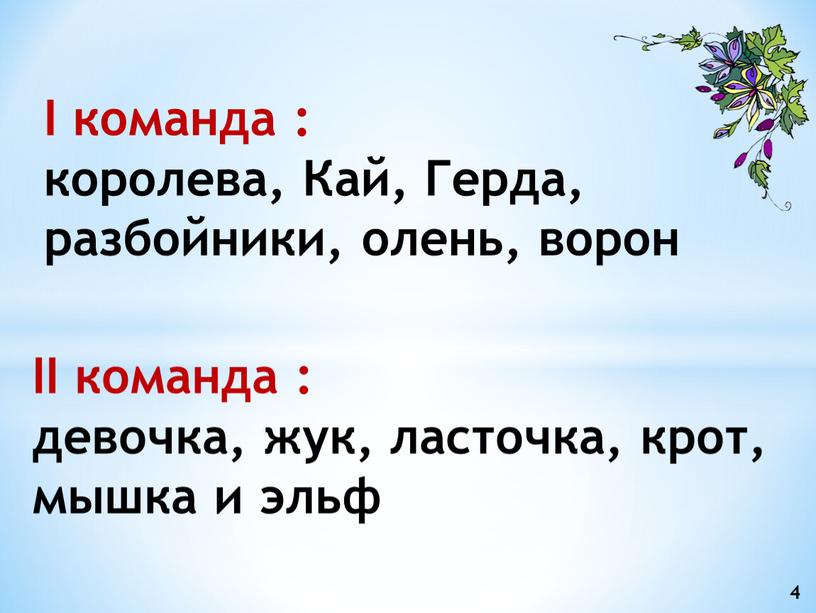 I команда : королева, Кай, Герда, разбойники, олень, ворон