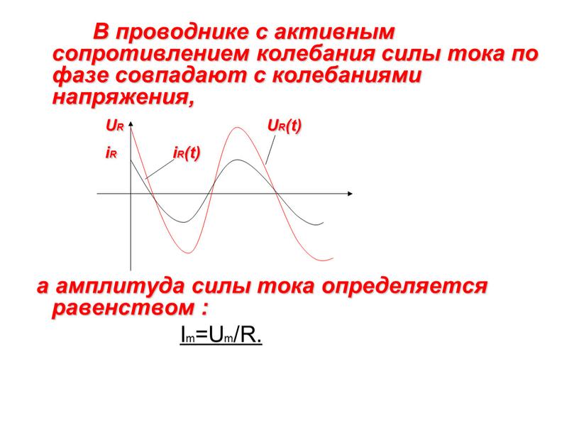 В проводнике с активным сопротивлением колебания силы тока по фазе совпадают с колебаниями напряжения,