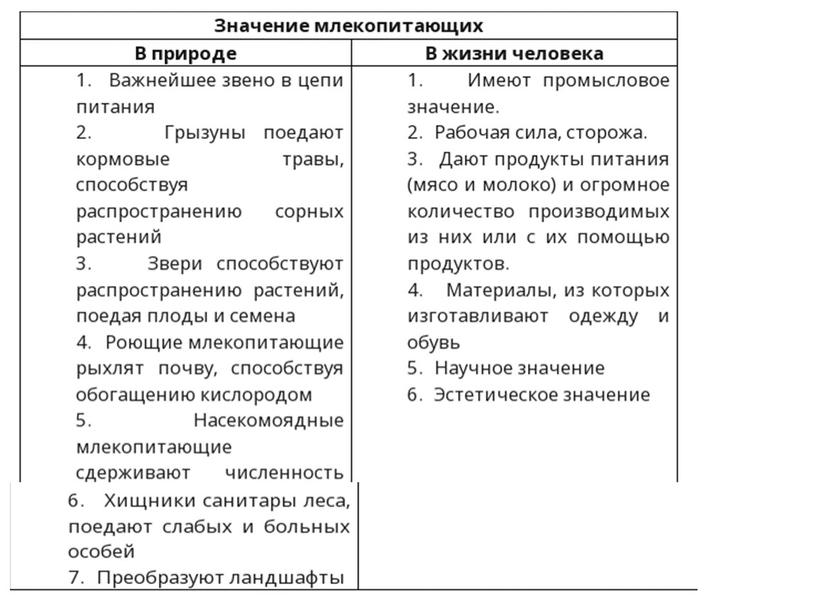 Значение млекопитающих, 8 класс, биология