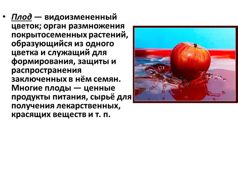 Плод — видоизмененный цветок; орган размножения покрытосеменных растений, образующийся из одного цветка и служащий для формирования, защиты и распространения заключенных в нём семян