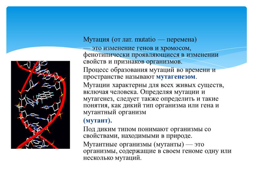 Мутация (от лат. mutatio — перемена) — это изменение генов и хромосом, фенотипически проявляющиеся в изменении свойств и признаков организмов