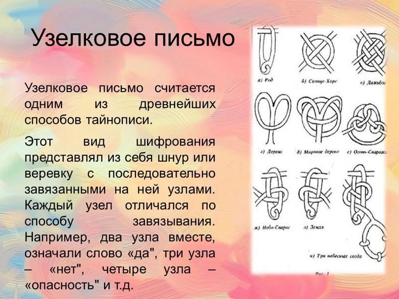 Узелковое письмо Узелковое письмо считается одним из древнейших способов тайнописи