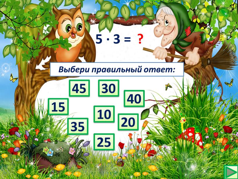 5 ∙ 3 = ? 40 25 20 35 15 30 10 45 Выбери правильный ответ: