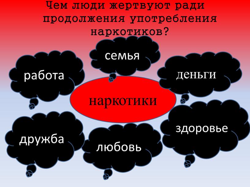 Чем люди жертвуют ради продолжения употребления наркотиков? наркотики деньги здоровье любовь дружба работа семья