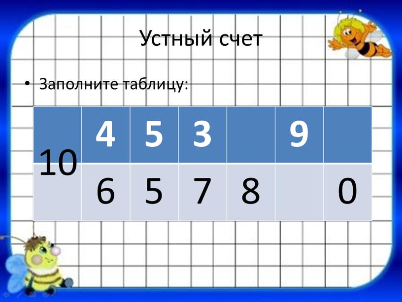 Устный счет Заполните таблицу: 4 5 3 9 6 5 7 8 0 10