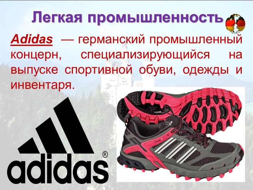 Легкая промышленность Adidas — германский промышленный концерн, специализирующийся на выпуске спортивной обуви, одежды и инвентаря