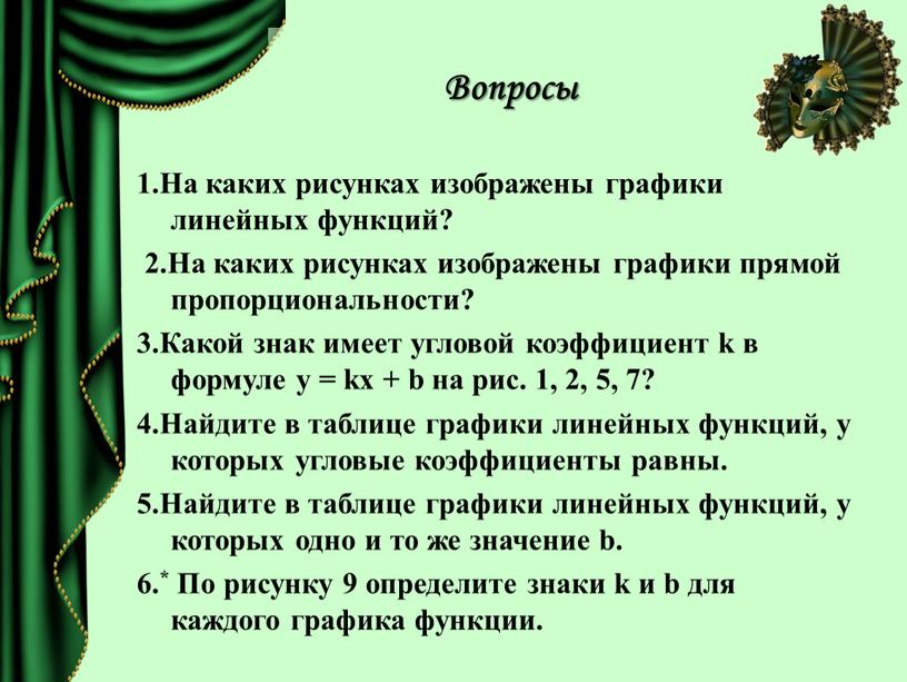 Вопросы 1.На каких рисунках изображены графики линейных функций? 2