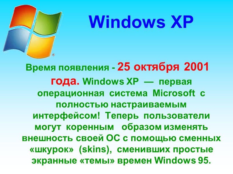 Windows XP Время появления - 25 октября 2001 года