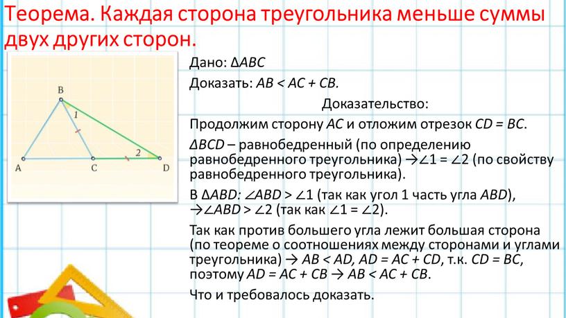 Теорема. Каждая сторона треугольника меньше суммы двух других сторон