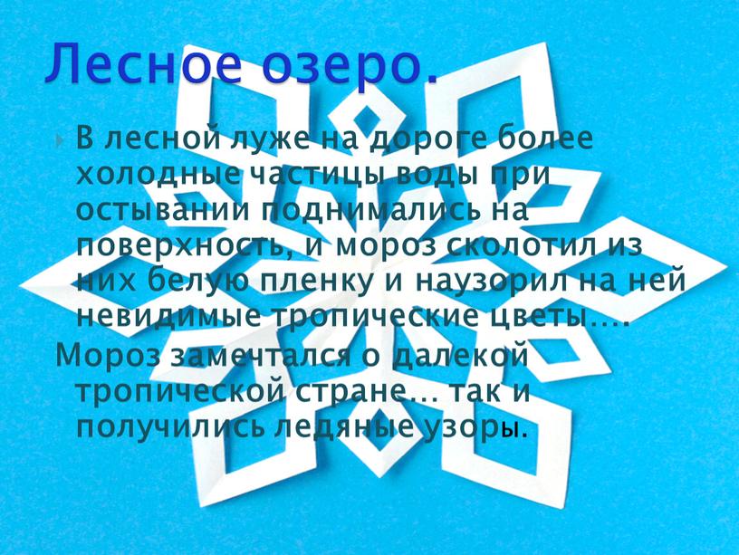 В лесной луже на дороге более холодные частицы воды при остывании поднимались на поверхность, и мороз сколотил из них белую пленку и наузорил на ней…