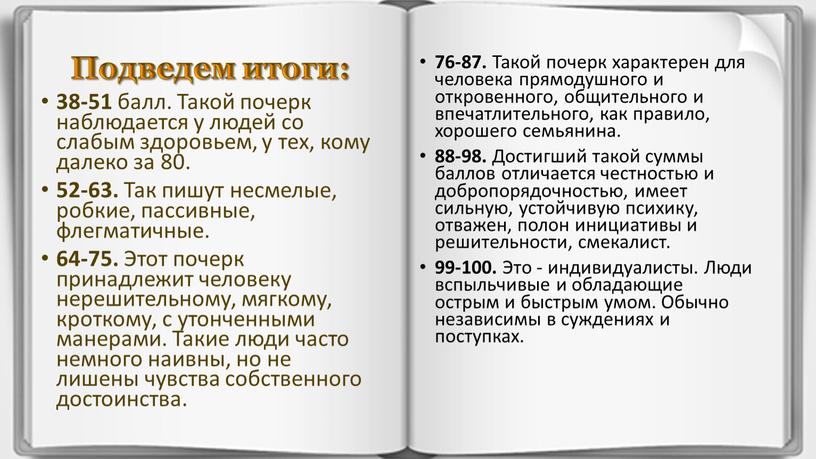 Подведем итоги: 38-51 балл. Такой почерк наблюдается у людей со слабым здоровьем, у тех, кому далеко за 80