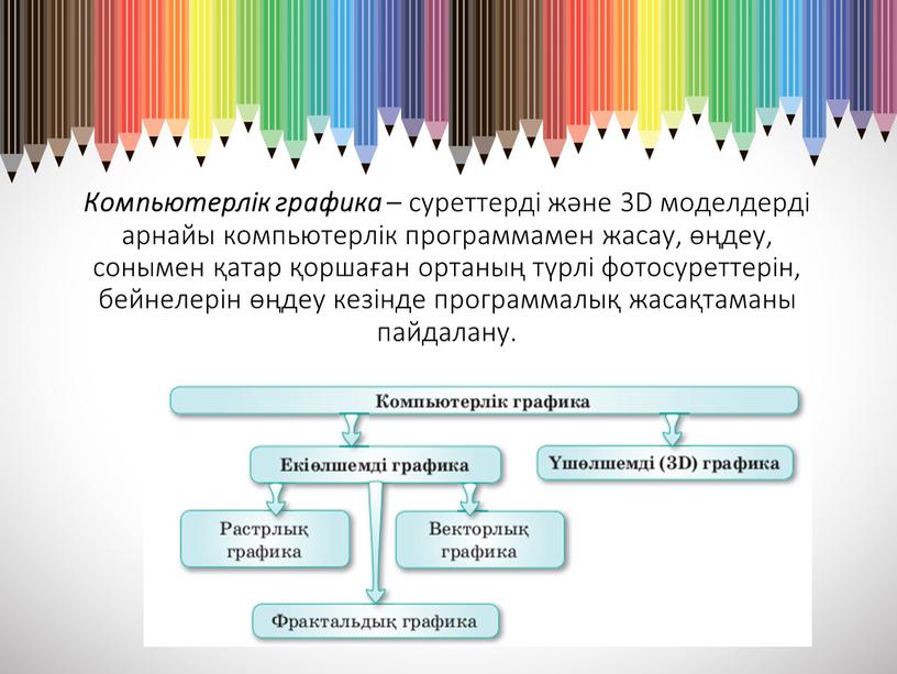 Компьютерлік графика – суреттерді және 3D моделдерді арнайы компьютерлік программамен жасау, өңдеу, сонымен қатар қоршаған ортаның түрлі фотосуреттерін, бейнелерін өңдеу кезінде программалық жасақтаманы пайдалану