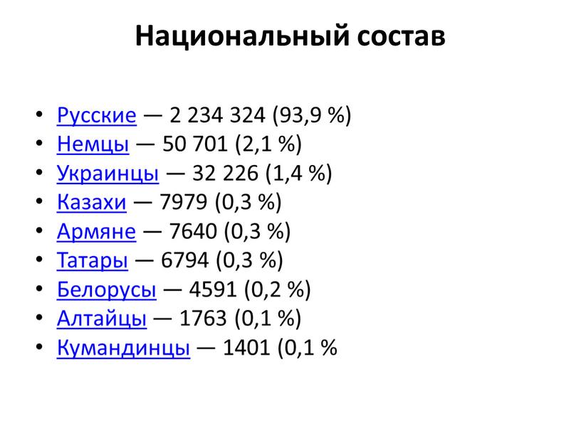 Национальный состав Русские — 2 234 324 (93,9 %)