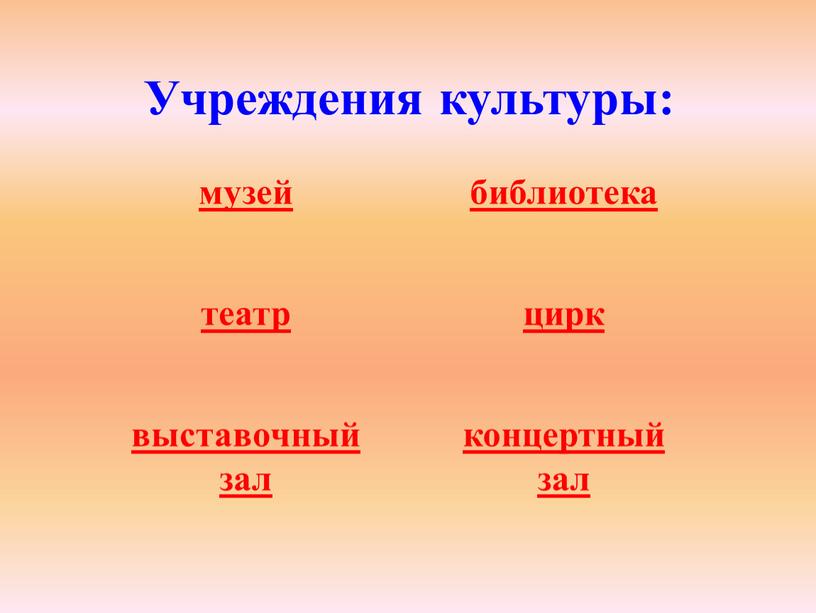 Учреждения культуры: музей библиотека театр цирк выставочный зал концертный зал