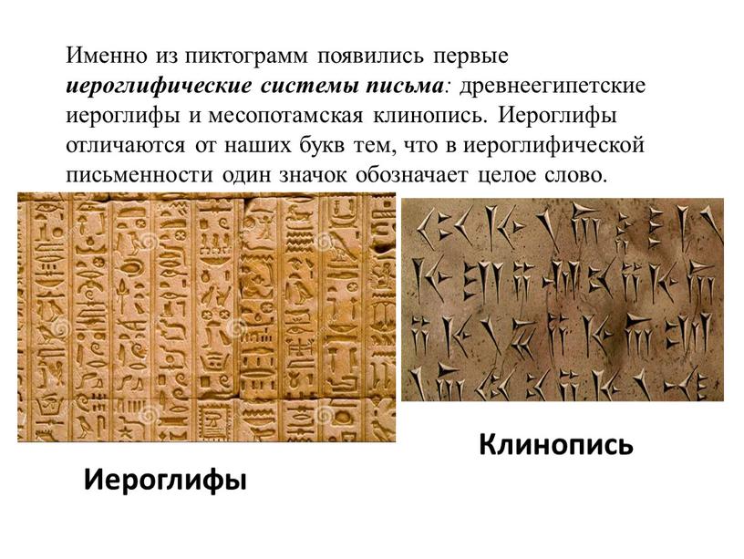Иероглифы Именно из пиктограмм появились первые иероглифические системы письма : древнеегипетские иероглифы и месопотамская клинопись