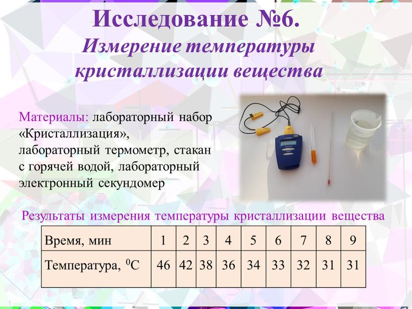 Исследование №6. Измерение температуры кристаллизации вещества