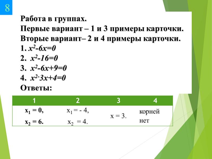 Работа в группах. Первые вариант – 1 и 3 примеры карточки