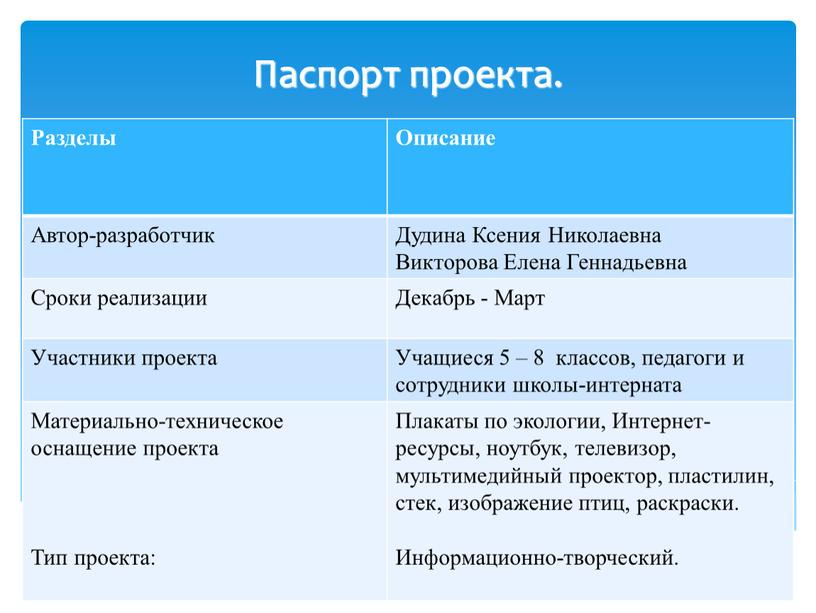 Паспорт проекта. Разделы Описание