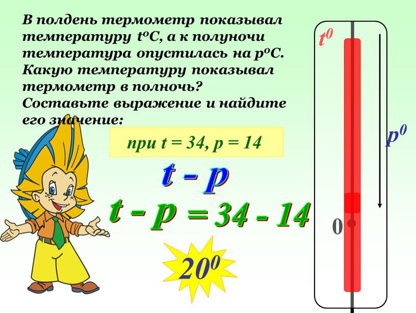 В полдень термометр показывал температуру t0C, а к полуночи температура опустилась на р0С