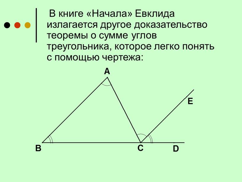 В книге «Начала» Евклида излагается другое доказательство теоремы о сумме углов треугольника, которое легко понять с помощью чертежа: