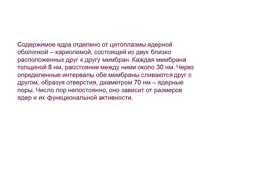 Содержимое ядра отделено от цитоплазмы ядерной оболочкой – кариолемой, состоящей из двух близко расположенных друг к другу мембран