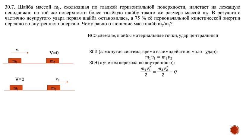 Шайба массой m1, скользящая по гладкой горизонтальной поверхности, налетает на лежащую неподвижно на той же поверхности более тяжёлую шайбу такого же размера массой m2