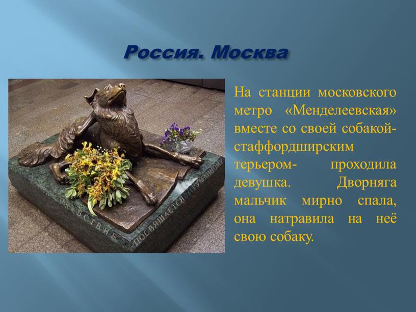 Россия. Москва На станции московского метро «Менделеевская» вместе со своей собакой- стаффордширским терьером- проходила девушка