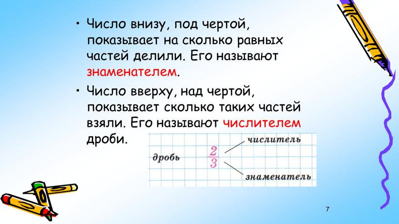 Число внизу, под чертой, показывает на сколько равных частей делили