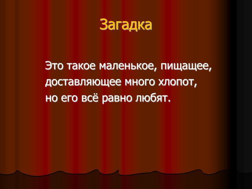 Загадка Это такое маленькое, пищащее, доставляющее много хлопот, но его всё равно любят